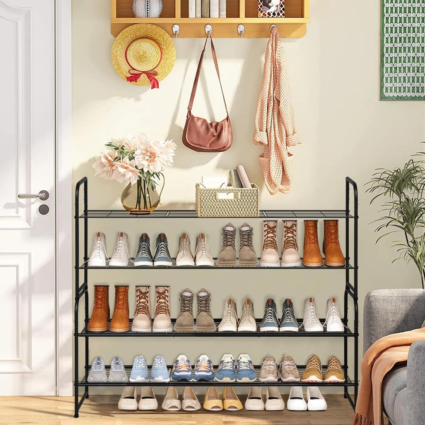 for 2 Tier Metal Shoe Rack, Stackable Shoe Organizer, 18 Pair Wide Shelf, Black Color.