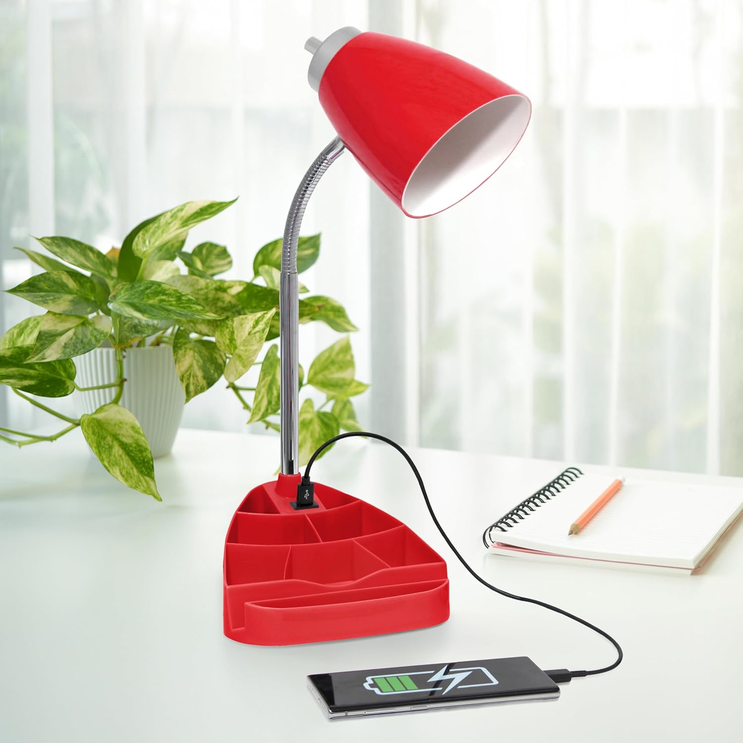 Simple Designs LD1056-RED-LB 18.5" Gooseneck Organizer Desk Lamp with iPad Tablet Stand Book Holder and USB Port, with LED Bulb, Red