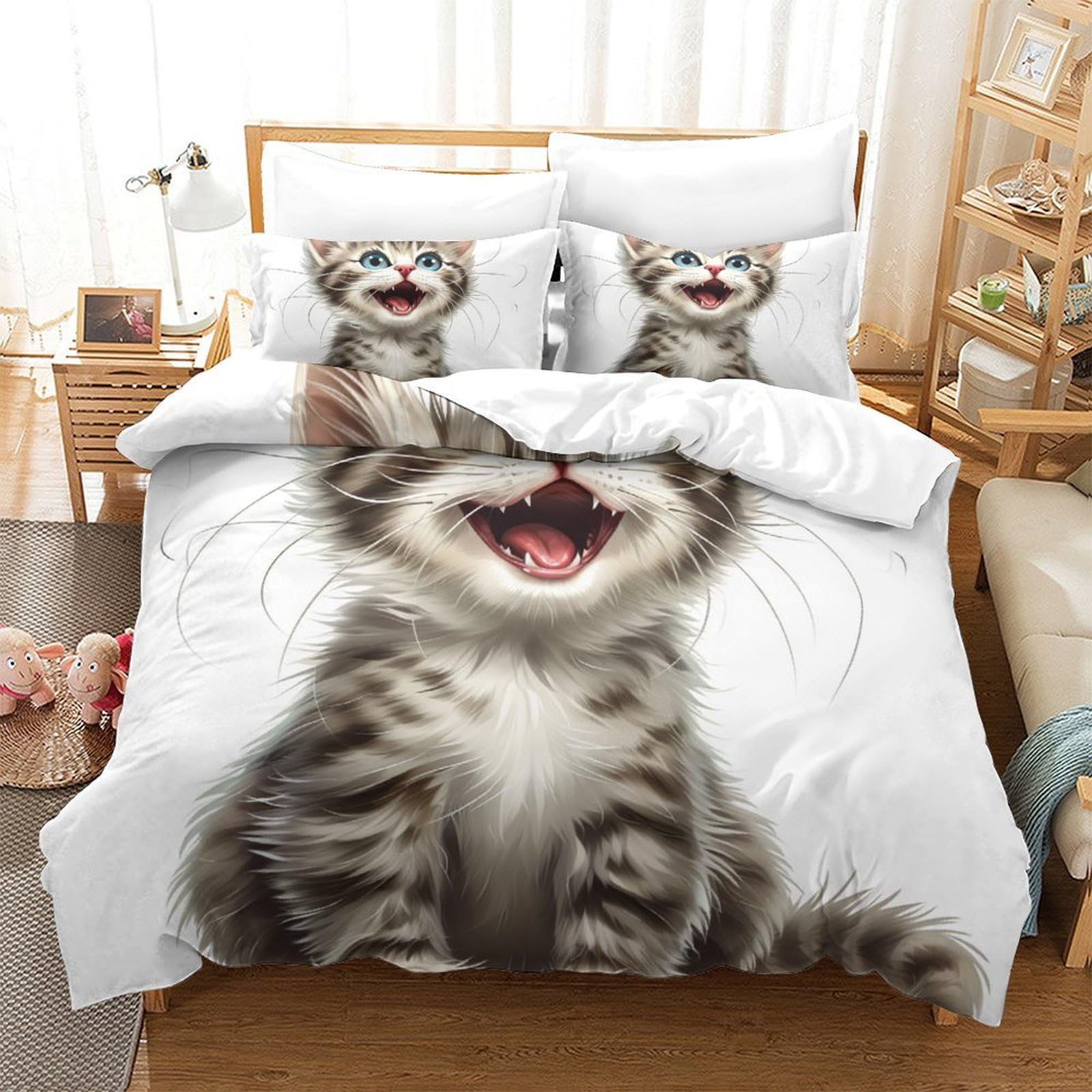 Housse de couette chat 3D douce lit 260 x 220 cm facile d'entretien