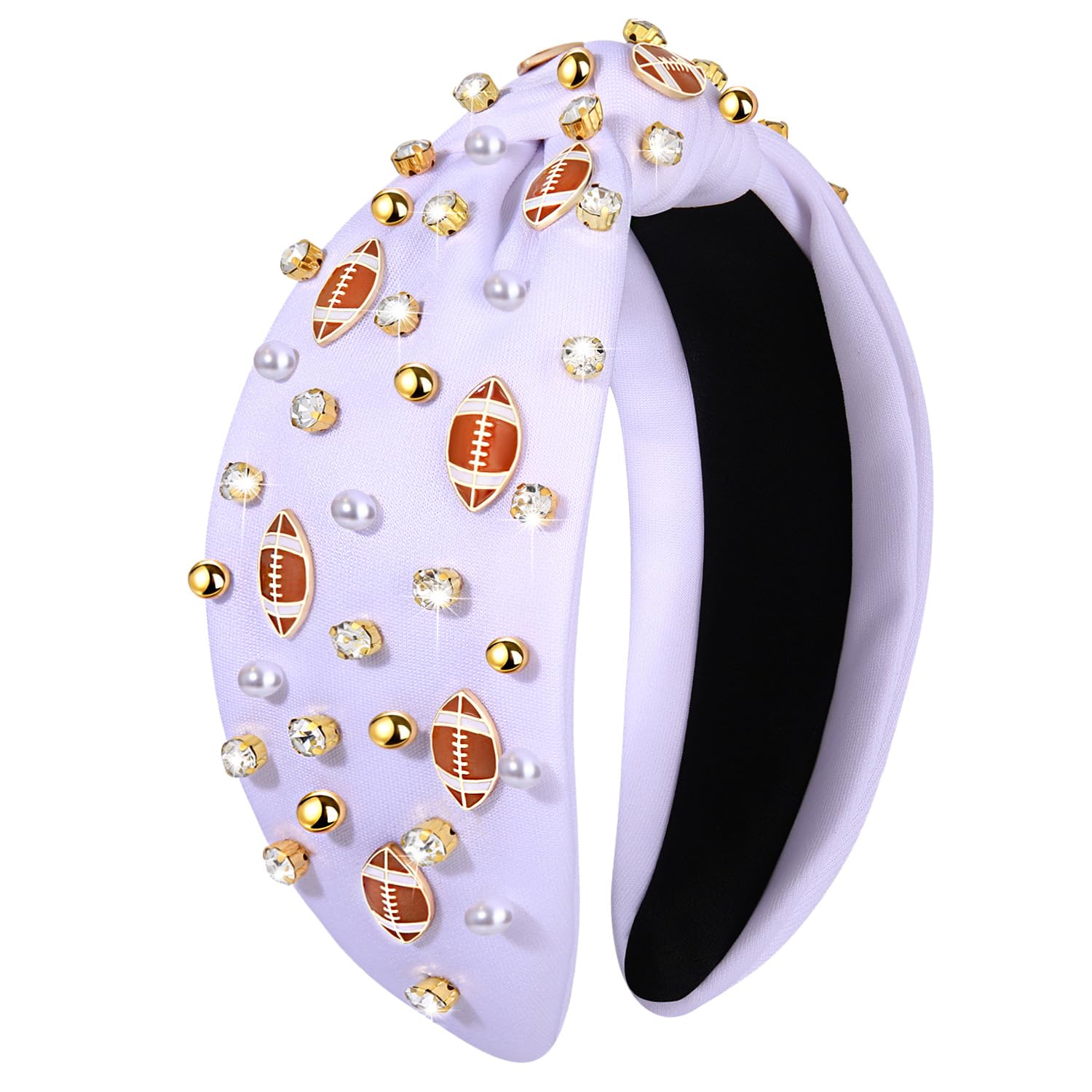 Football Headband for Women Football Mom Accessories Game Day Football Knotted Headband Jeweled Rhinestone Crystal Wide Top Knot Headband White Black Red Sport Headband Game Day Hair Accessory (White)-image-19
