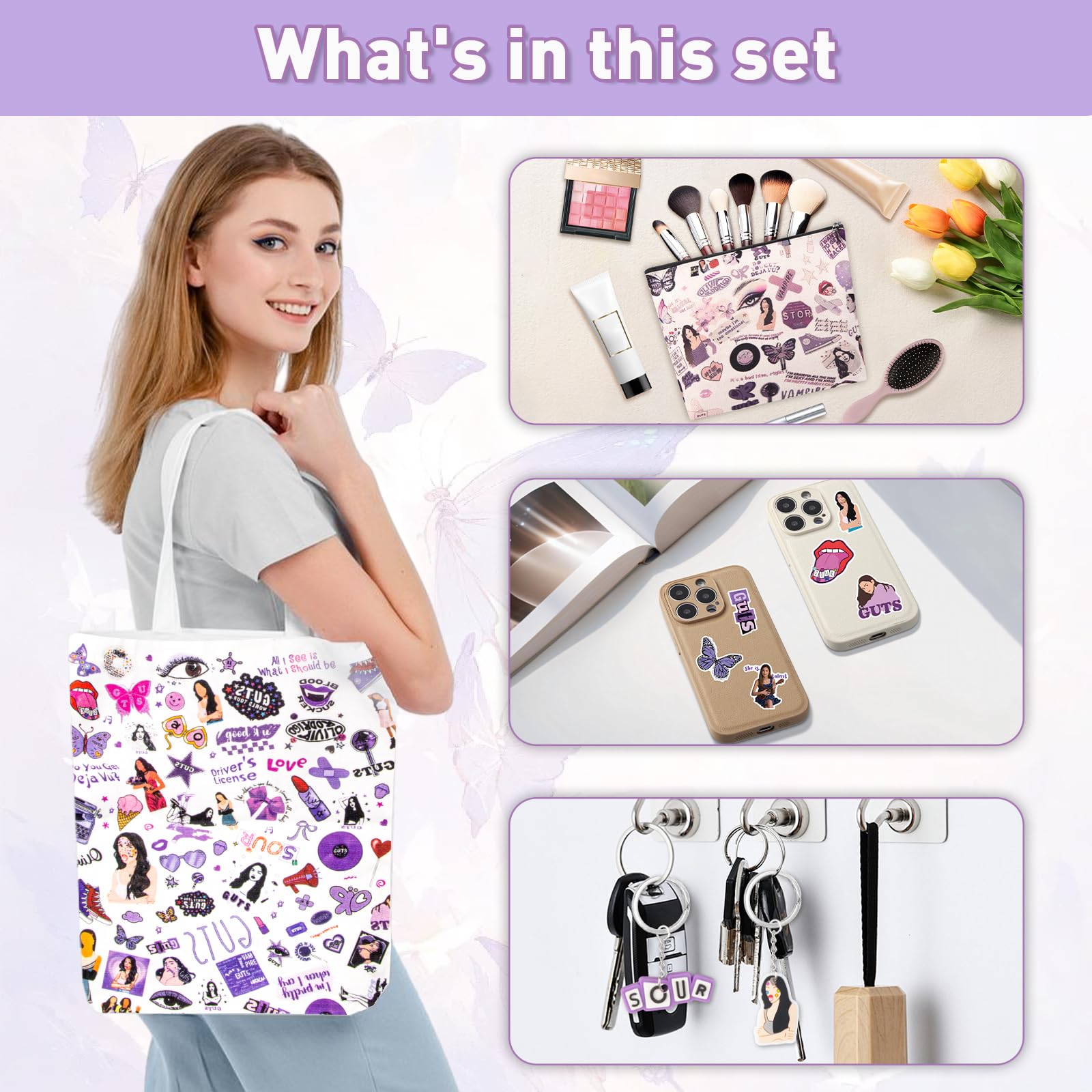 54PCS Ol𝕚v𝕚a Merch Album Canvas Bag Set, Cosmetic Bag Music Lover Makeup Bags with Stickers & Keychain - Image 2