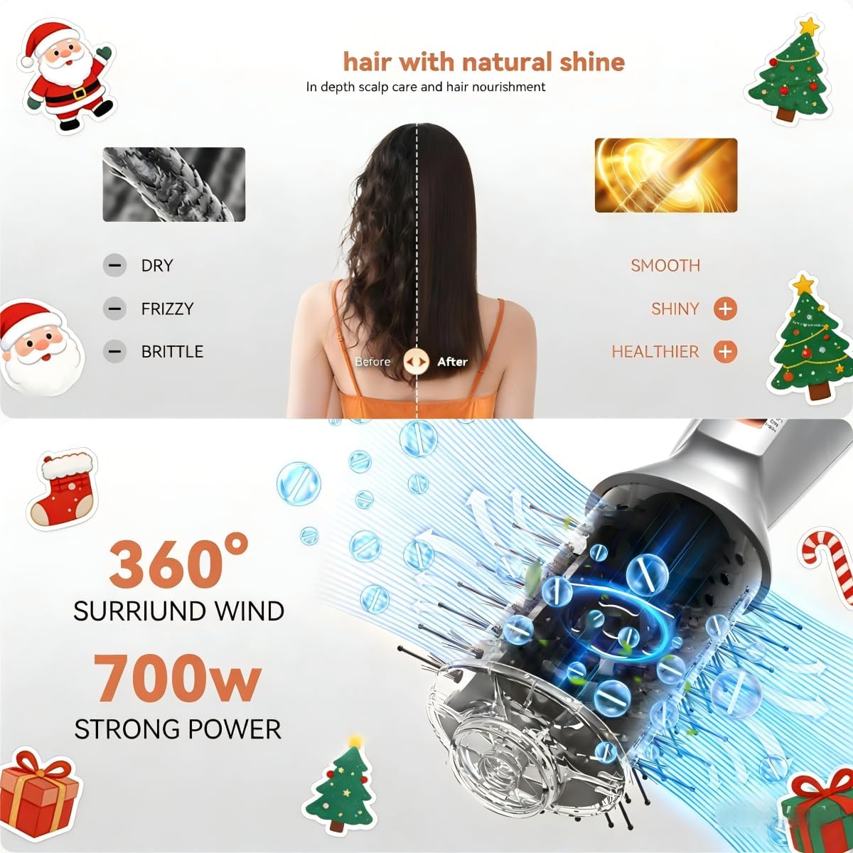 Travel Hair Dryer Brush, Double Voltage 100–240V 4-in-1 Hot Air Brush with 3 Heat & 2 Speed Settings for Drying, Straightening, Curling & Volumizing, Mini Ionic Thermal Blow Dryer Brush for Women