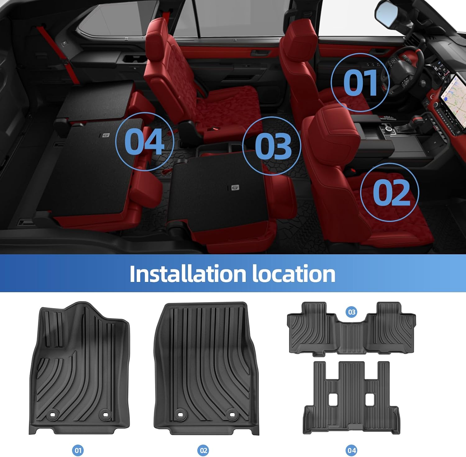 SMABEE Floor Mats for Toyota Sequoia 2023 2024 2025 2026, TPE All Weather Floor Liners Accessories,1st & 2nd & 3rd Row Full Set Car Mats Interior Black