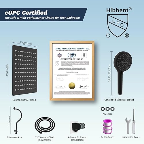 Miniatura 17 de Hibbent Cabezal de ducha con certificación CUPC de metal, cabezal de ducha de alta presión de 8 pulgadas, combo de cabezal de ducha de mano, brazo