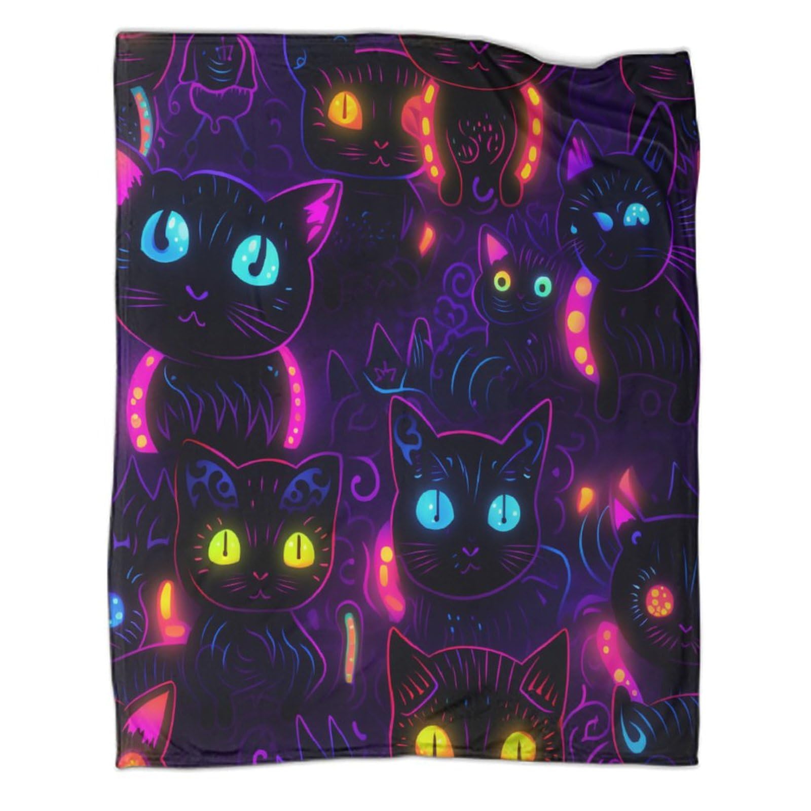 Gattino neon Coperta in Flanella 3D Con Stampa Di Gatto Peluche Coperte Microfibra Caldo Morbida Per Bambini Adulti Coperta Decorata ，per Divano Letto Ufficio 70x80inch(180x200cm)