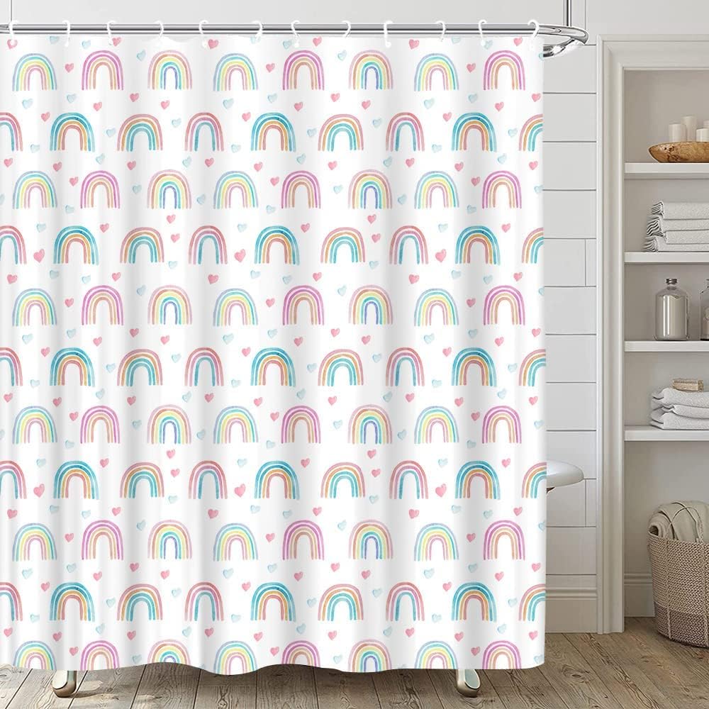Rainbow Shower Curtain Colorful Cartoon Pattern Cute Rainbow Boho Watercolor Modern Simple Girls Children Decoration Bathroom Bathtub Decoration Set with Hooks（70" Wx84 H）