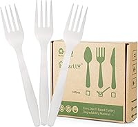 HERLLY 100-Pack Compostable Forks - Biodegradable Eco-Friendly Disposable Utensils, Heat Resistant up to 120°C, Durable Plastic Alternative