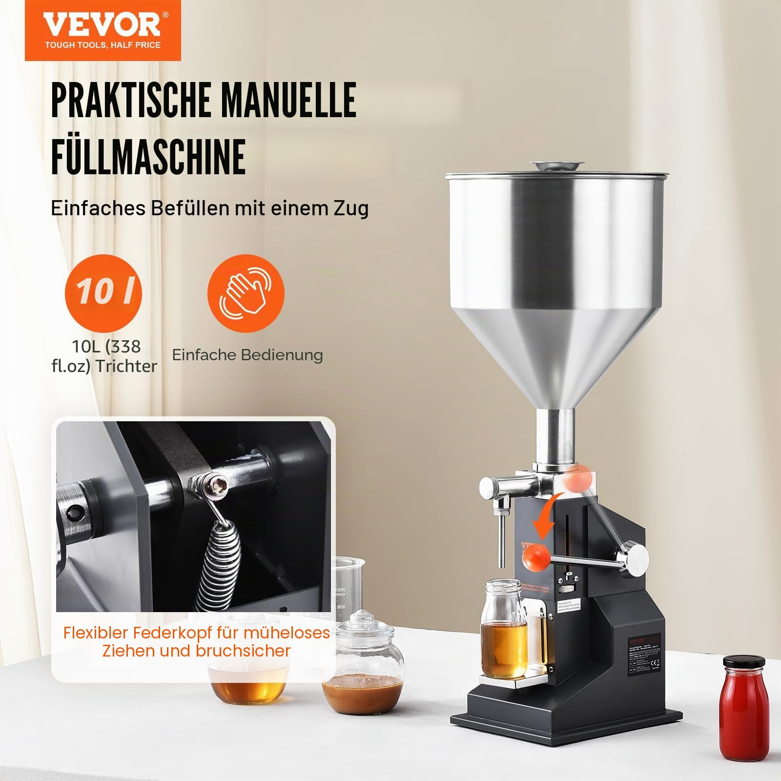 VEVOR 5–50 ml Abfüllmaschine Manuell Flüssigkeitsabfüllmaschine aus lebensmittelechtem Edelstahl 304 Silikon PTFE Filling Machine Inkl. zwei Düsen 4 mm / 8 mm ideal zum Abfüllen von Honig Öl Essenz
