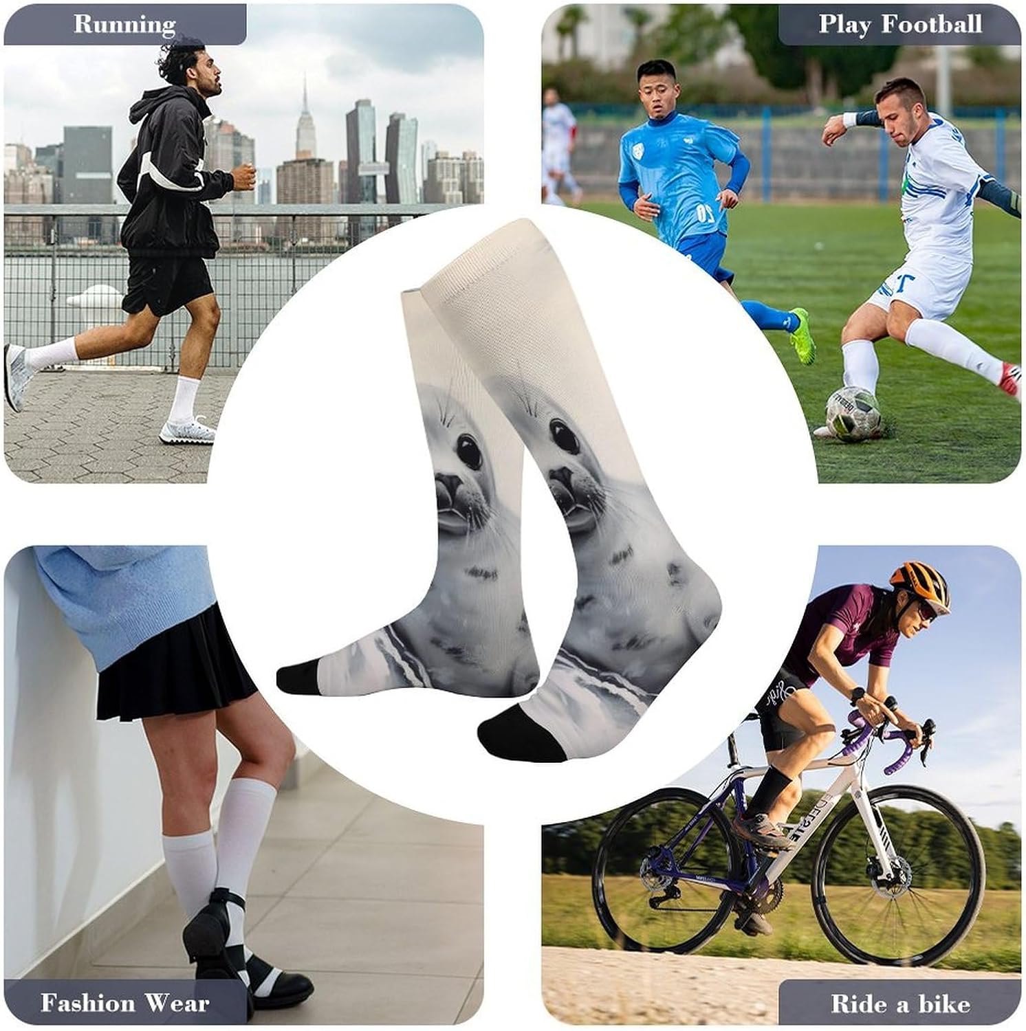 Knee High Socks Harp Seal Painting Long Tube Boot Seamless Toe