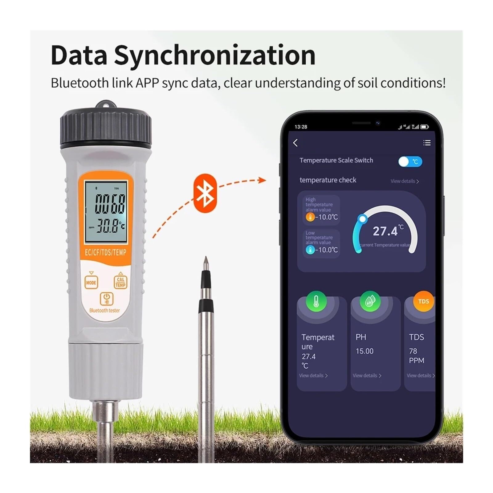 Detektor wilgoci Miernik PH Gleby 4 W 1 Przewodność Bluetooth Dla EC TDS CF Czujnik Temperatury Inteligentna Kontrola Aplikacji Ogrodnictwa I Rolnictwa, Do dokładnego pomiaru procentowego