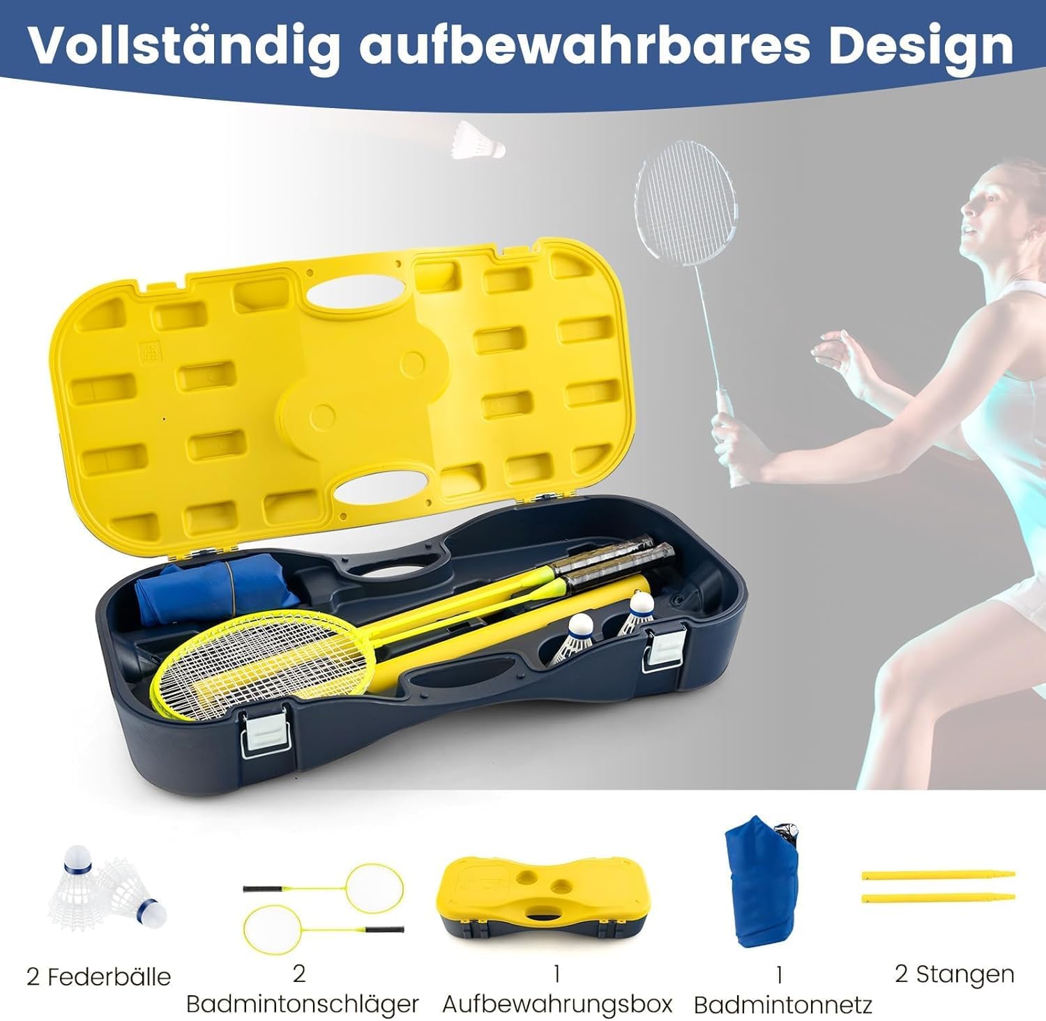 FANTASK Soporte de Red para bádminton, Juego de bádminton portátil, con Raquetas, 2 Volantes, Red y Caja de Almacenamiento, Color Amarillo