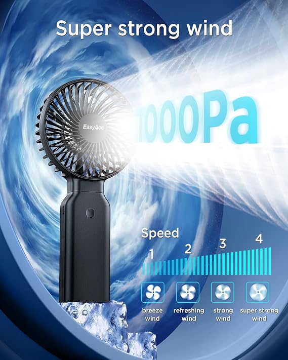 EasyAcc Portable Handheld Fan, 9000mAh + 53H Cooling Time+ ODM Durrable + with Hands-Free Camera Strap + Backup Power + 4 Speeds, Rechargeable Handheld Fan for Travel Outdoor