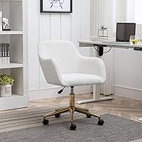 Zentrava White Teddy Fabric Office Chair with Gold Metal Legs - Fluffy Swivel Vanity Desk Chair, Adjustable Height for Home Office