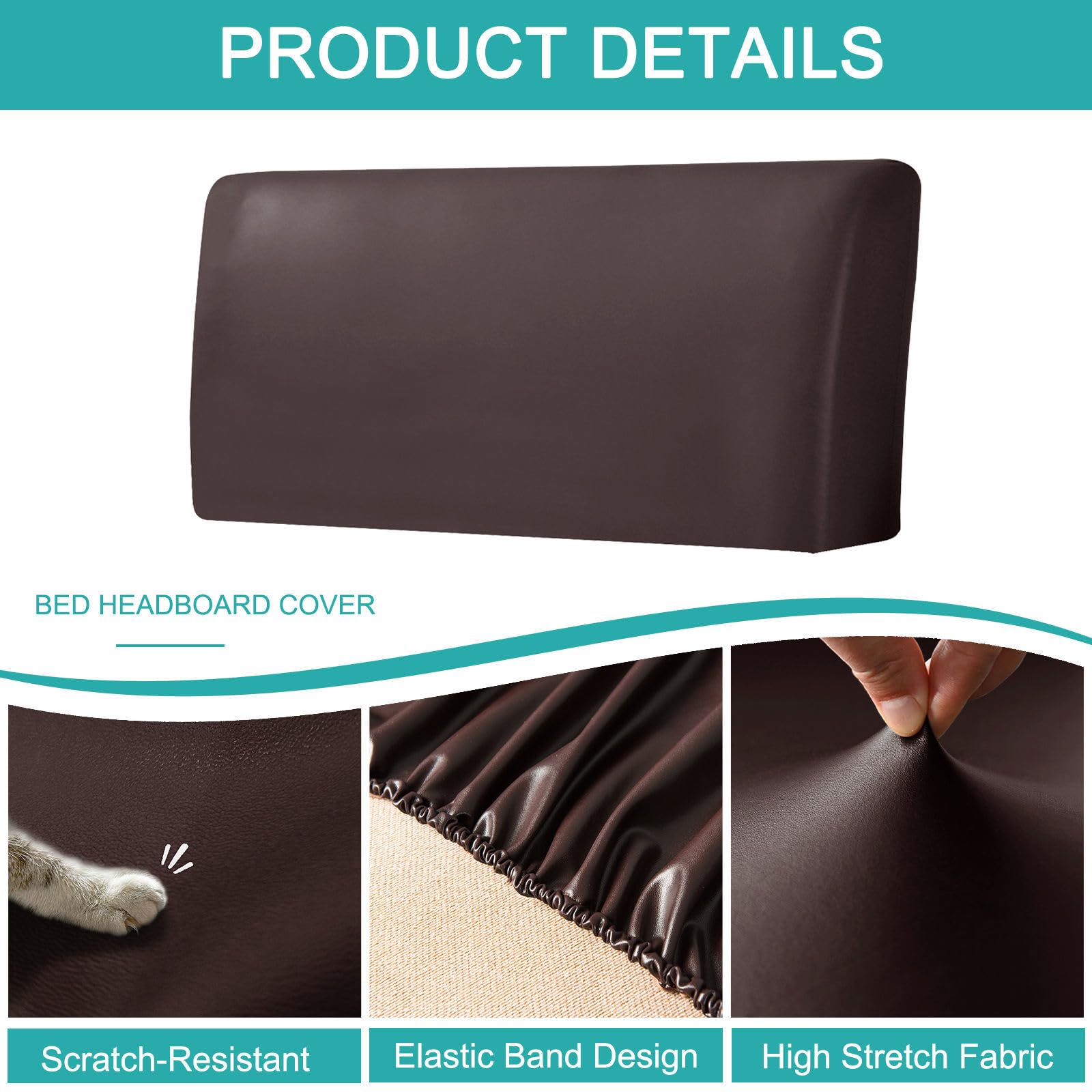 PU Leder Bettkopfteil Hussen, Wasserdichter Kopfteilbezug Stretch All-Inclusive Abnehmbarer Bett Kopfteil Bezug Für Schlafzimmer Dekor-Tiefer Kaffee-200-220cm(78.7-86.6in)