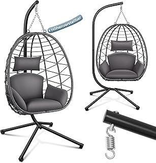 Hängesessel mit Gestell höhenverstellbar Indoor & Outdoor inkl. Kissen - Korbhängesessel bis 150 kg Garten Schaukel aus Polyrattan faltbar ergonomisch - Wohnzimmer Balkon Terrasse in Grau