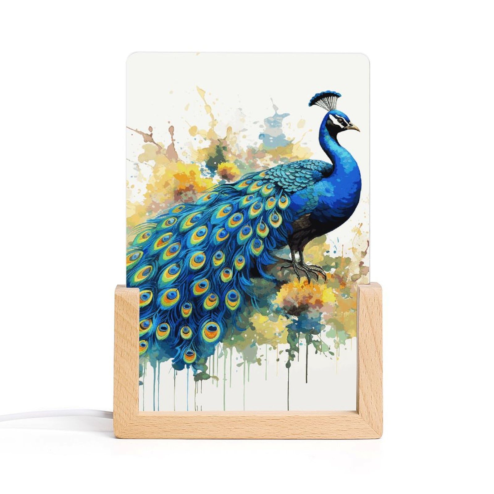JTREHY Acrylic Night Light,Peacock Watercolor Painting Printed Wooden Base LED Night Light Modern Home Decoration Light with USB Switch Cable for Bar Cafe Bedroom Room Decoration