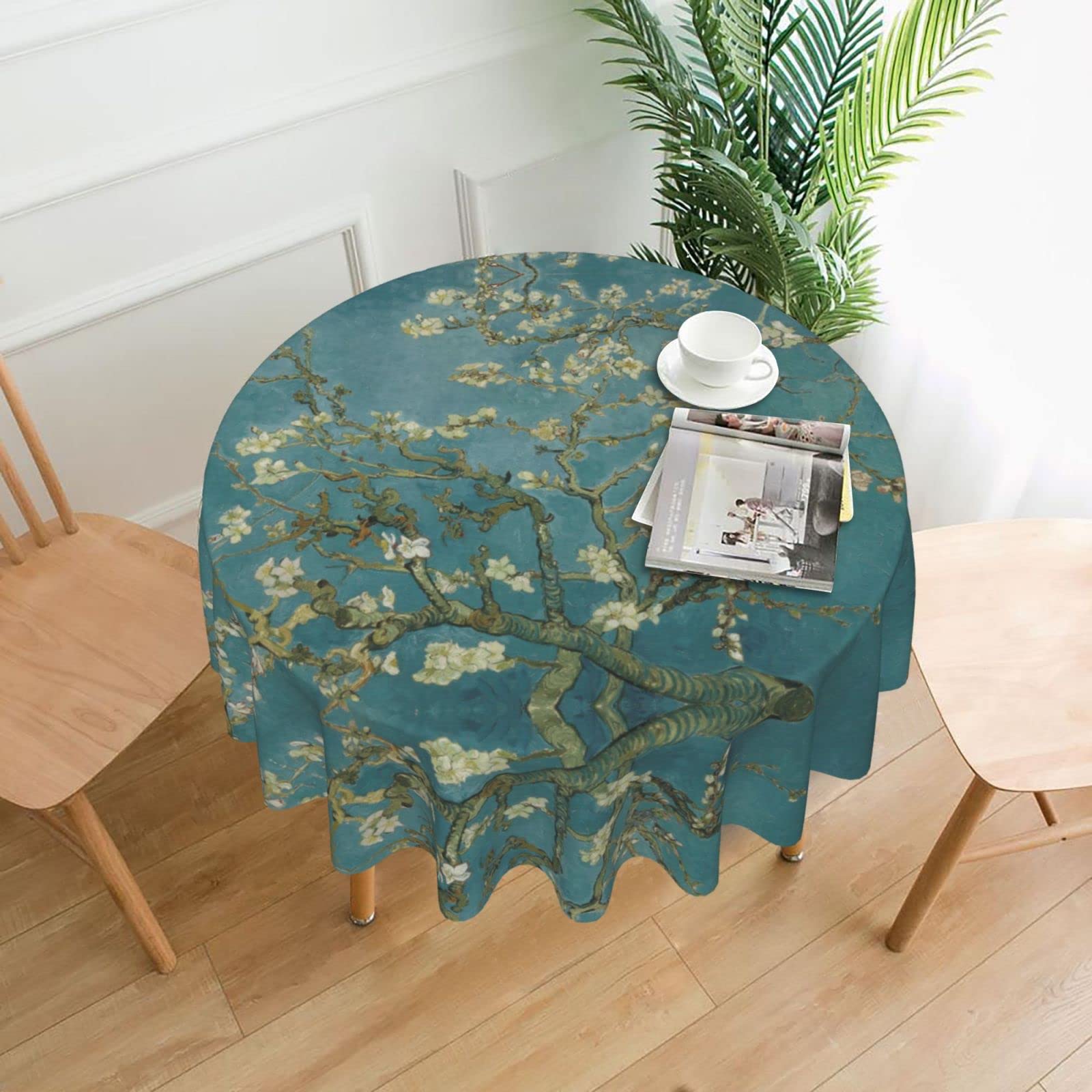 Lawenp Almond Blossom Decorative Round Table Cloths - 60 Inches in Diameter for Buffet Tables, Parties, Holiday Dinners.