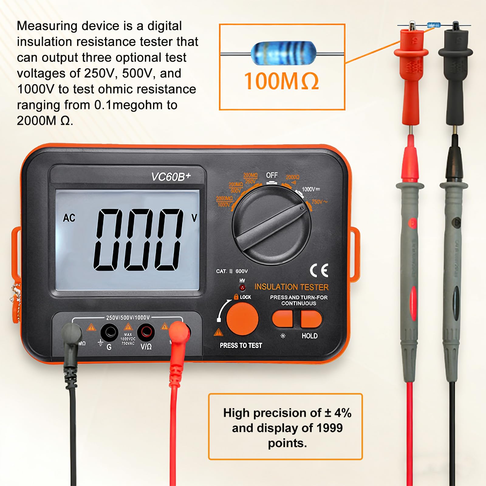 Digital Megohmmeter, Isolationswiderstandstester Isolationswiderstand 0.1MΩ-2GΩ mit 250V/500V/1000V Prüfspannung mit hintergrundbeleuchtetem LCD-Display, Inkl. Messspitzen Krokodilklemmen