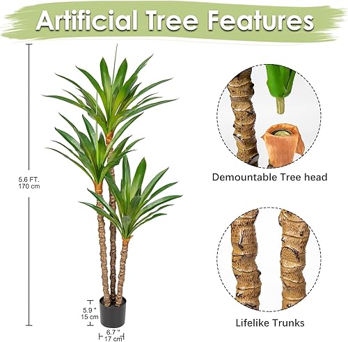 Miniatura 2 de Árbol artificial para interiores de 5.57 pies, árbol de yuca tropical falso con 3 cabezas en maceta, plantas falsas de dracaena, palmera en maceta,