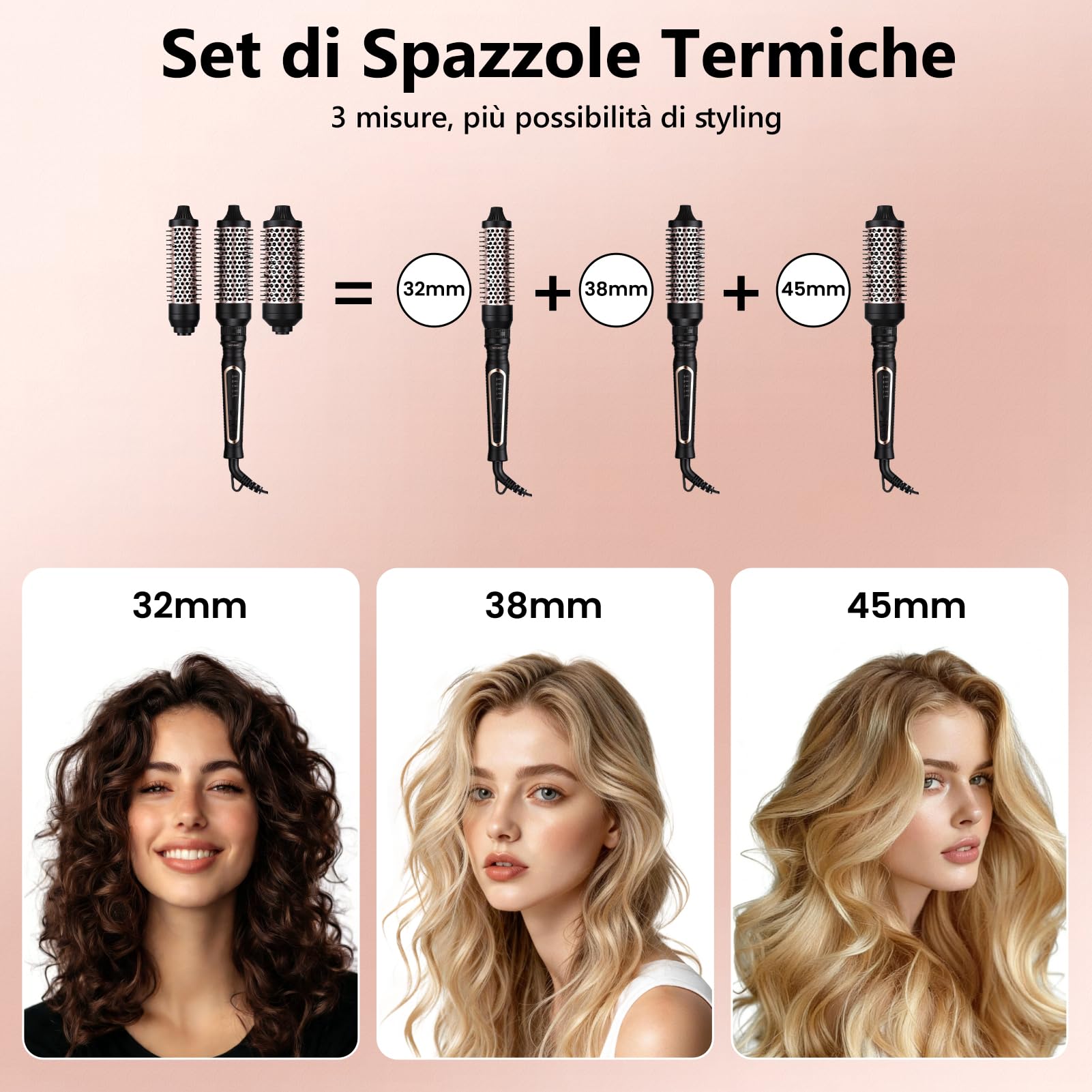 3-in-1 Spazzola Termica Set, Accessori Rimovibili (32/38/45mm), Tecnologia Ioni Ceramica-Tormalina, Anti-Crespo, Perfetta come Spazzola Elettrica per Styling Rapido