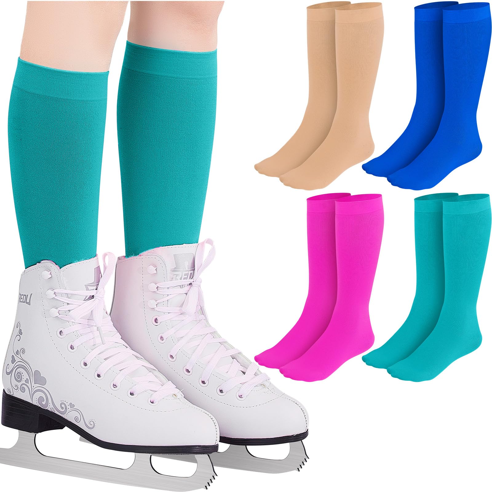 Lot de 4 paires de chaussettes hautes en nylon pour patinage artistique