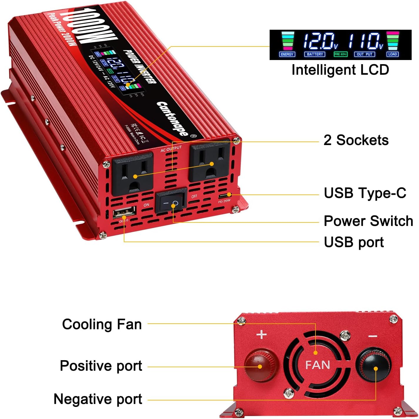 1000W/2000W(Peak) Car Power Inverter DC 12V/24V to 110V AC Converter with LCD Display Dual AC Outlets 3.0A USB and Type-C Car Charger for Car Home Laptop Truck Red