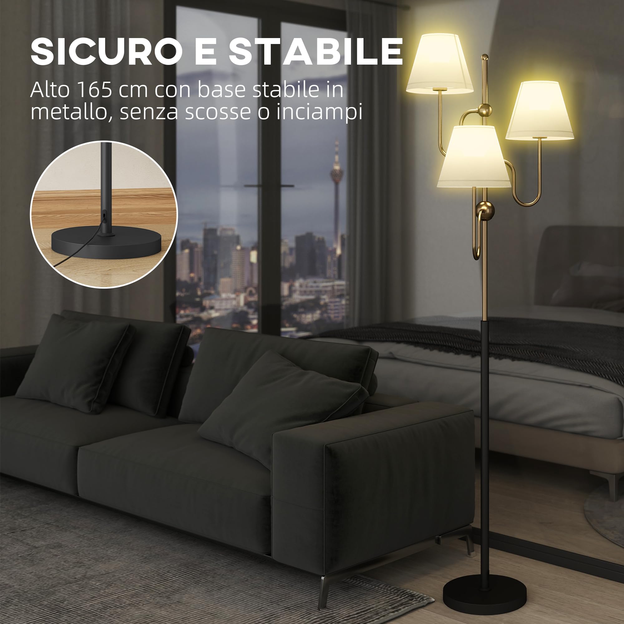 HOMCOM Lampada da Terra Alta 165 cm 3 Luci Attacco E27 Max 40W Color Oro | Lampada da Pavimento, Interruttore a Pedale, per Camera e Ufficio