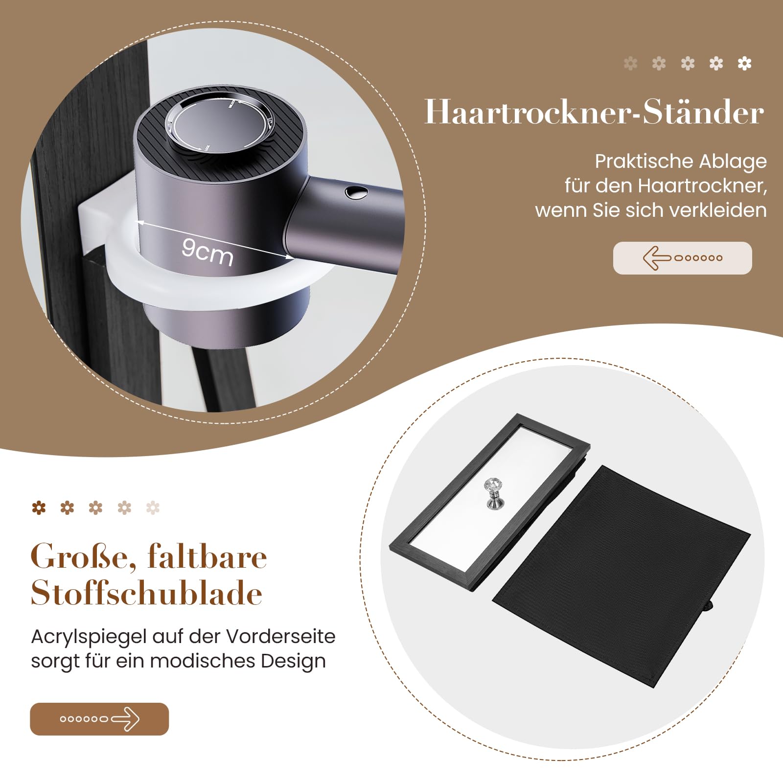 COSTWAY Schmuckschrank 360° drehbar, Spiegelschrank mit Ganzkörperspiegel, LED-Leucheten & Schublade & Haartrocknerhalter, Schmuckregal abschließbar, Standspiegel für Schmuck (Schwarz)