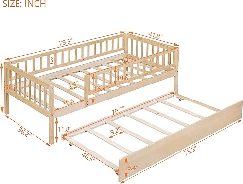 Miniatura 2 de Sofá cama individual con nido, marco de cama infantil de madera tamaño individual con valla, cama nido individual para niñas, niños, cama de