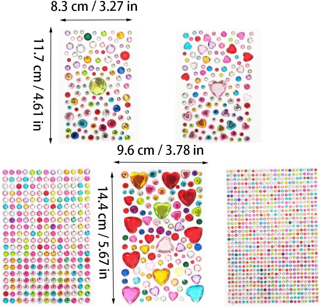 1500 Count Rhinestone Stickers 5 Sheets, Flat Back Acrylic Crystal Gems, Peel-and-Stick Jewel Embellishments for Face Body Nail Art, Festival Makeup, Party Decor