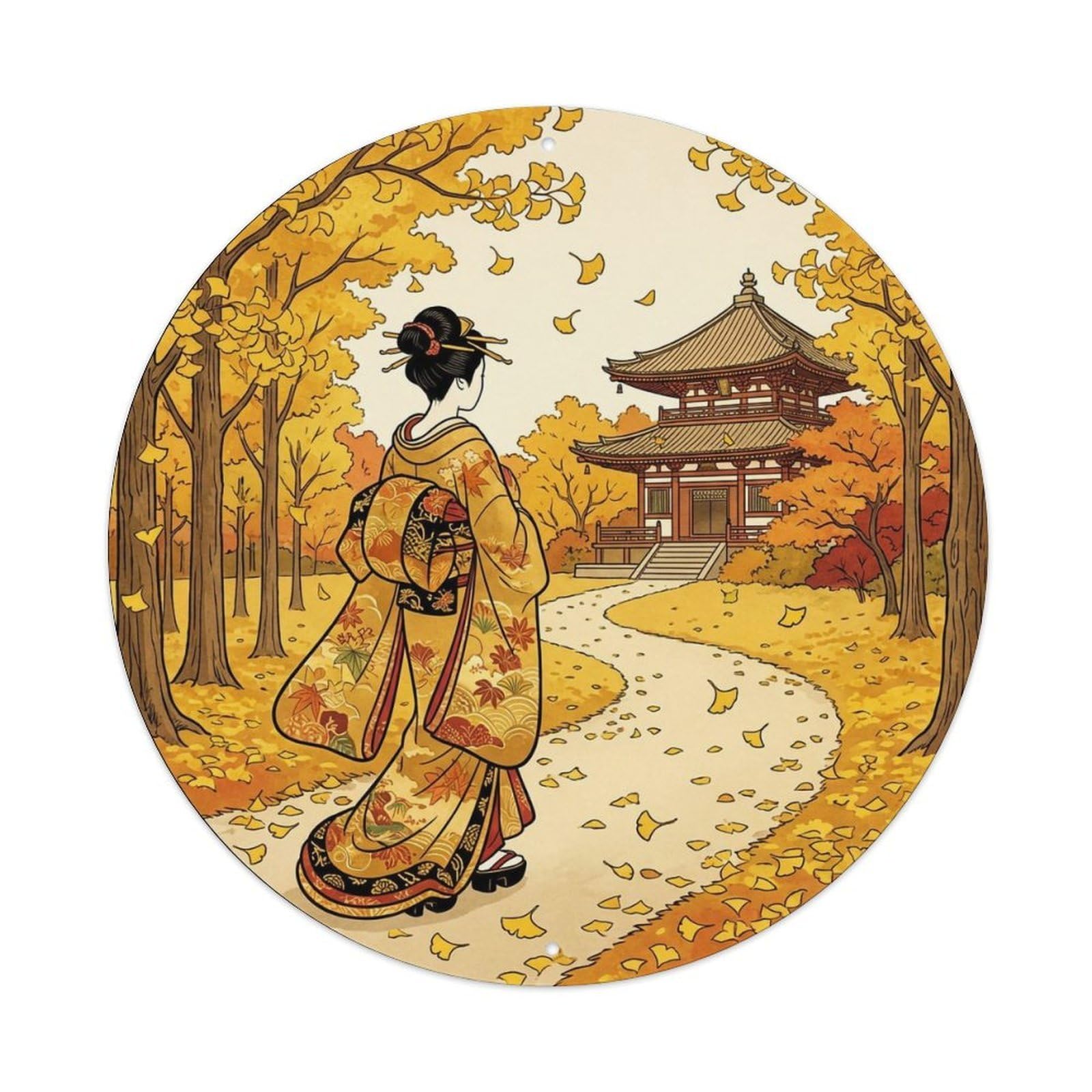 Yrnq 8X8inch Vintage Style Japanese Kimono Lady Ginkgo Path Walking Graceful View Metal Tin Sign