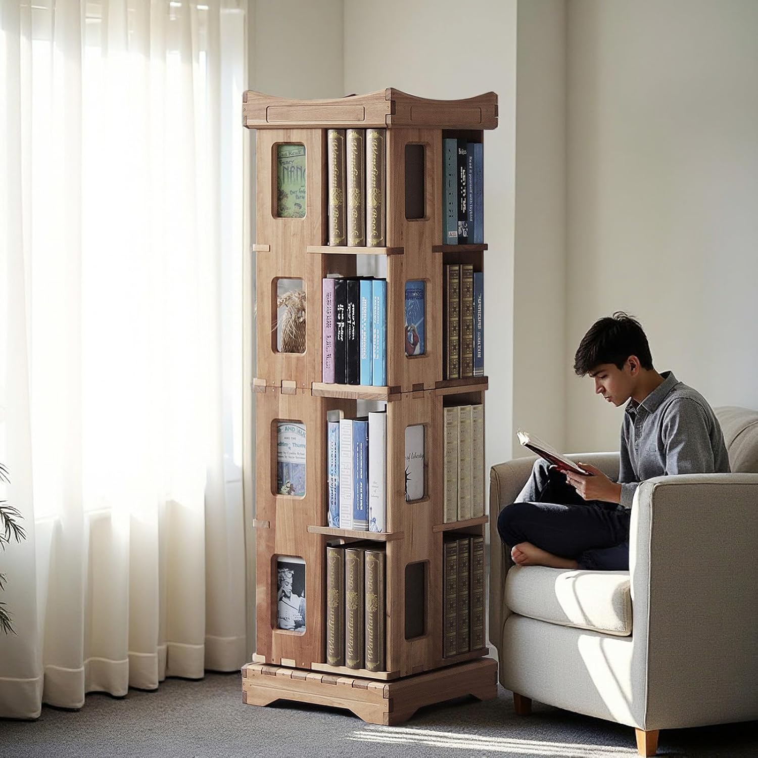 Wooden Rotating Bookshelf, Larger Solid Wood Revolving Bookcase,360°Spinning Book Shelf Tower,Floor Standing Storage Rack,Corner Organizer for Small Space,Study,Office,17"x17"x69.75"(5-Tier)