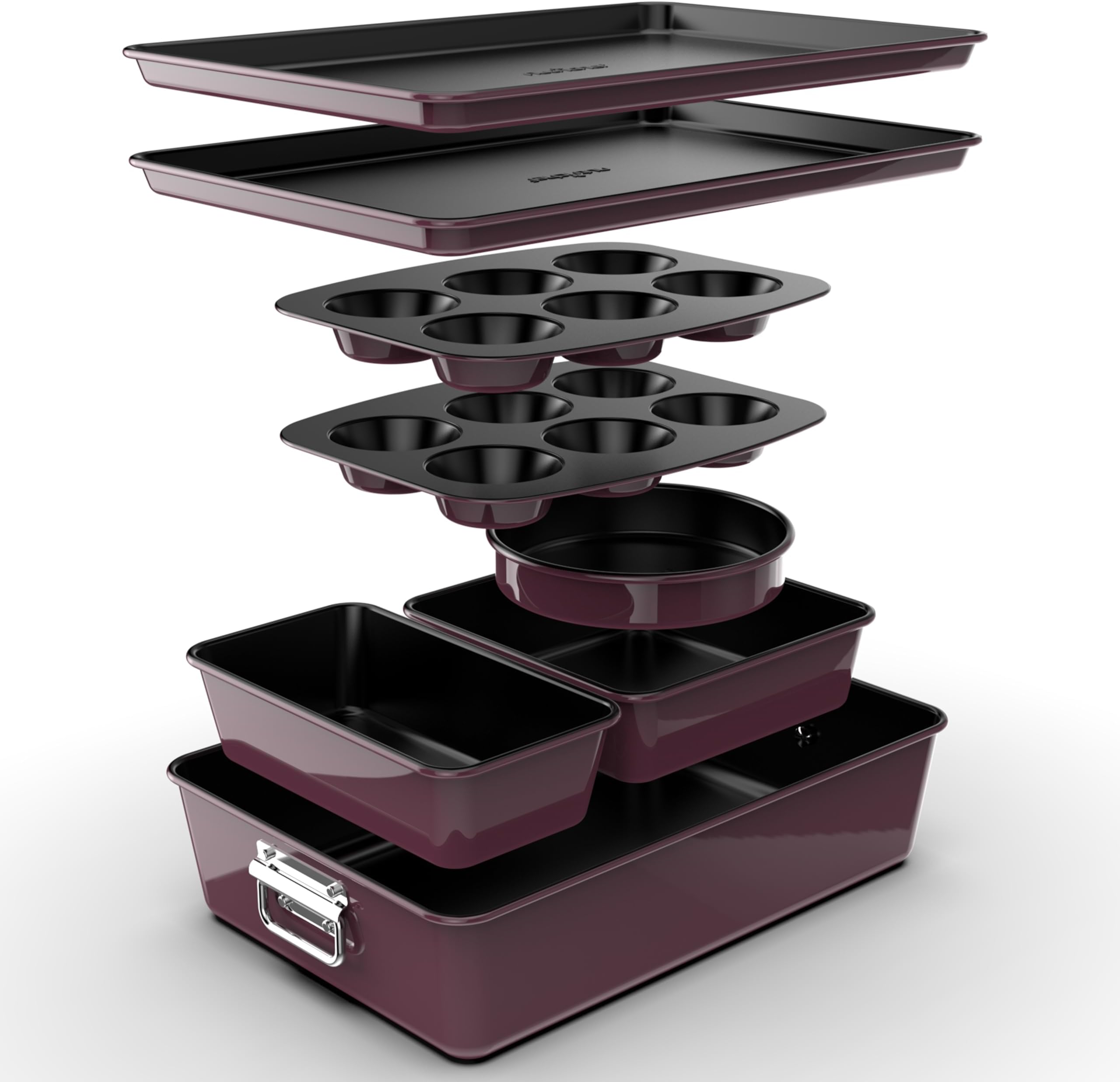 NutriChef Non-Stick Bakeware Set 8-Piece, Stackable Oven-Safe Baking Trays, Cookie Sheet, Loaf, Muffin, Pizza, Round, Square Cake Pans, Space-Saving Kitchen Bakeware