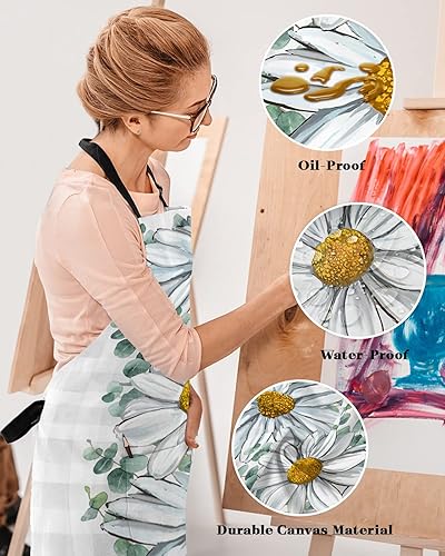 Miniatura 4 de Spring Floral Bib Aprons with Pockets Waterproof, Adjustable Apron for Men Women White Daisy Eucalyptus Leaves Checkered