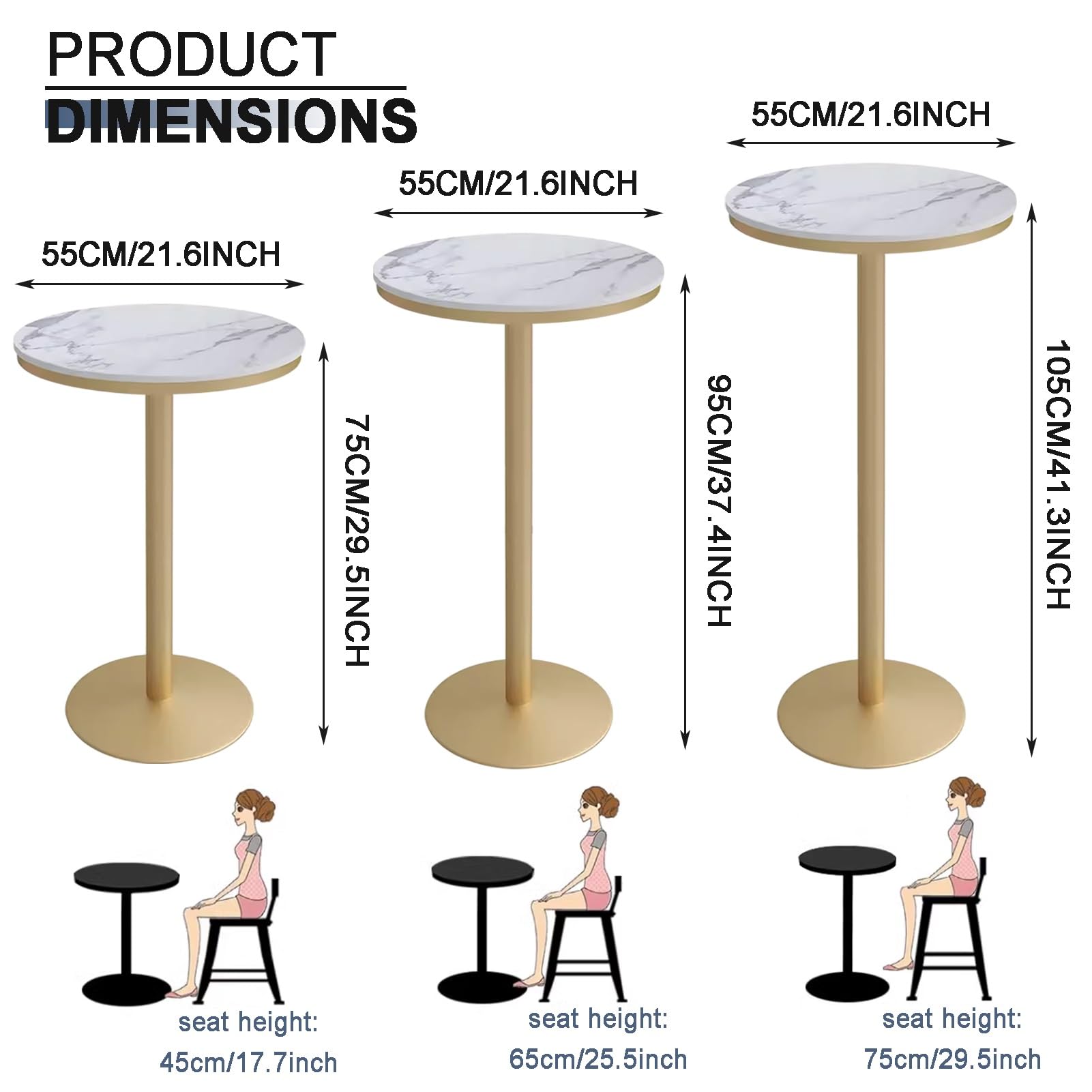 Table de bar d'extérieur avec plateau en marbre pour comptoir de café et de cocktails, table de pub pour terrasse ou jardin (75 cm)
