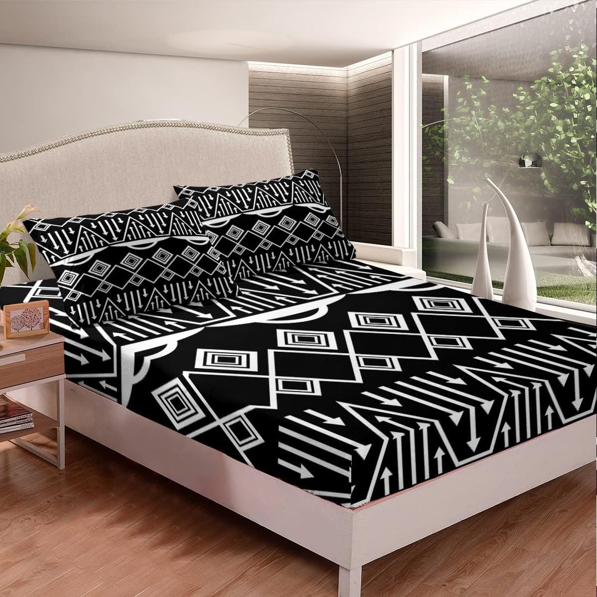 Boho Aztec Bedding Decor Set Queen Size Black and White Fitted Bed Sheets Exotic Morden Triangle Lattice Fitted Sheet Tribal Minimalism Room Decor Bed Sheet Fitted Sheet for Adult Men Women