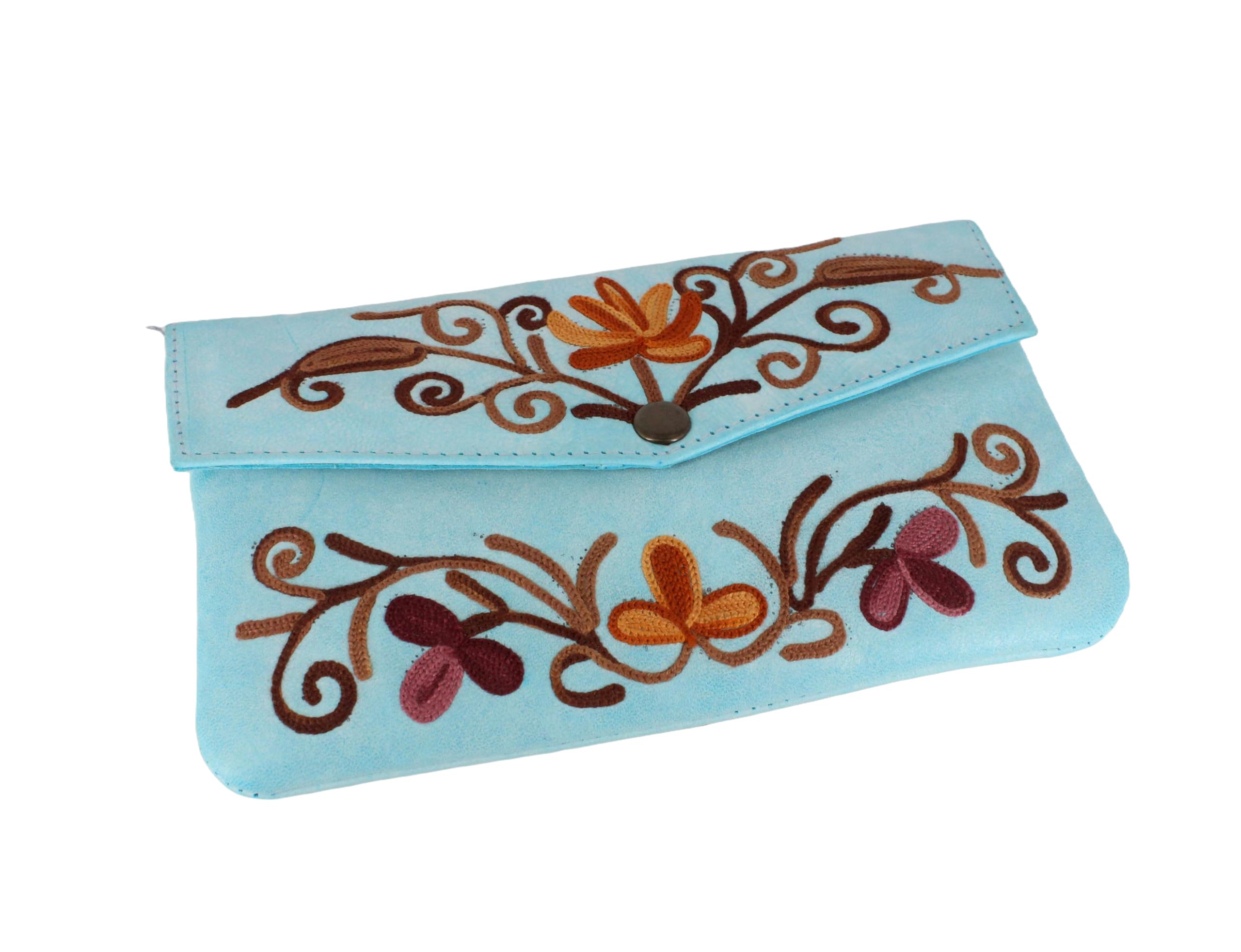 Floral Embroidered Clutch Wallet, Light Blue Suede, Butterfly Design-image-38