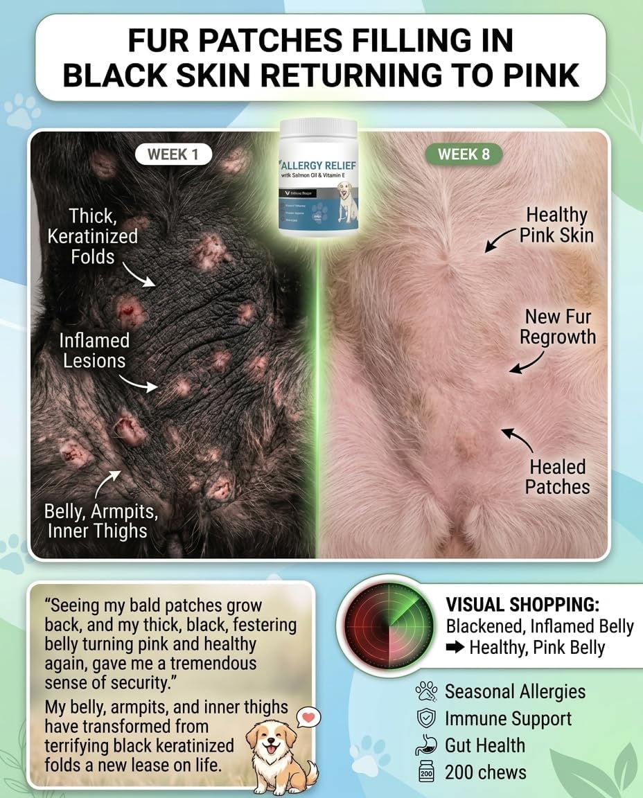 Dog Allergy Relief Chews, Rx Replacement Yeast & Skin Relief Rapid Action High Palatability Thick Black Skin Stopped Scratching, Licking, and Losing Clumps of Fur