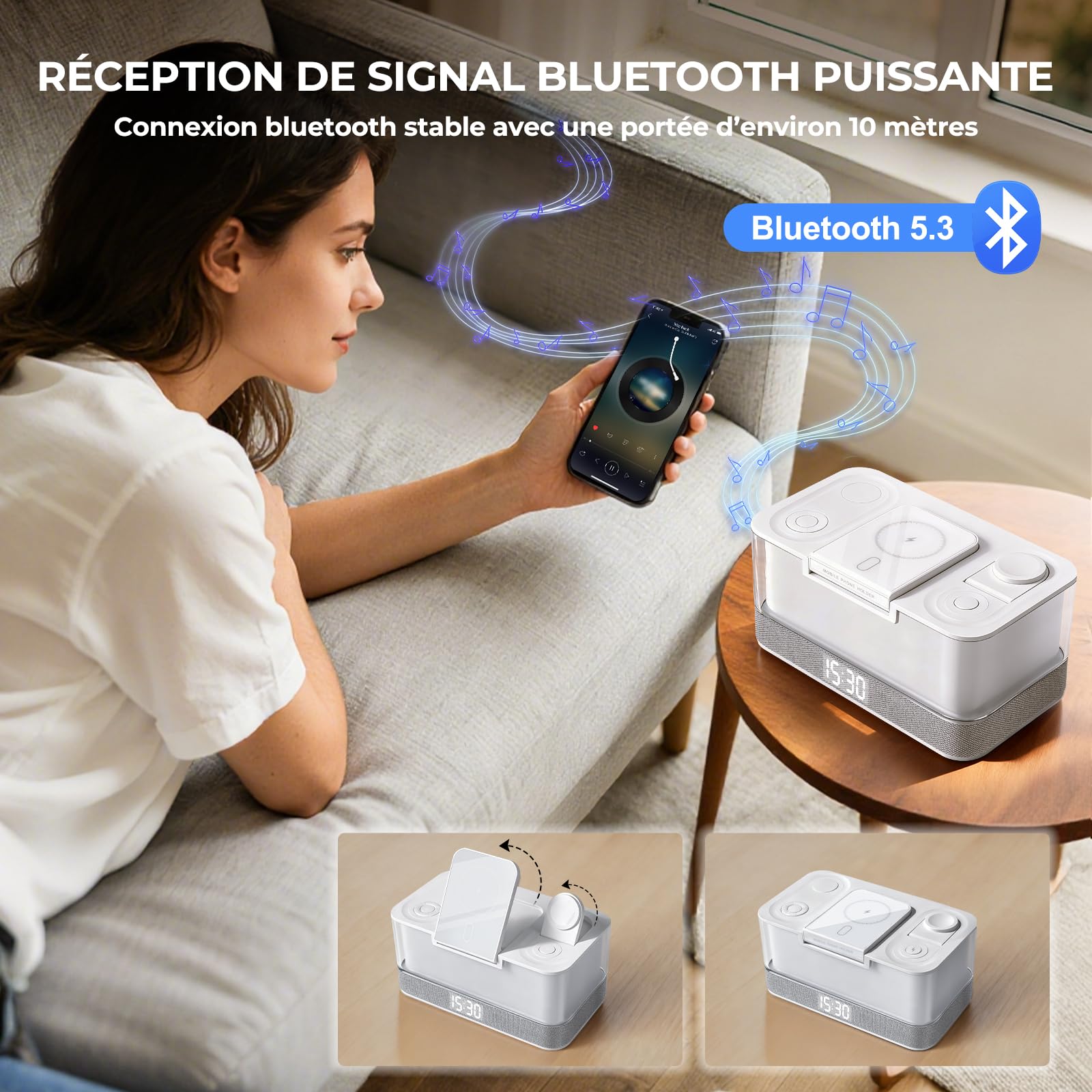 Charmofun Lampe de Chevet avec Enceinte Bluetooth et Chargeur Induction, 3 en 1 Station de Charge pour Phone Montre Connectée et Écouteurs, Enceinte Connectée avec Lampe d'ambiance Table