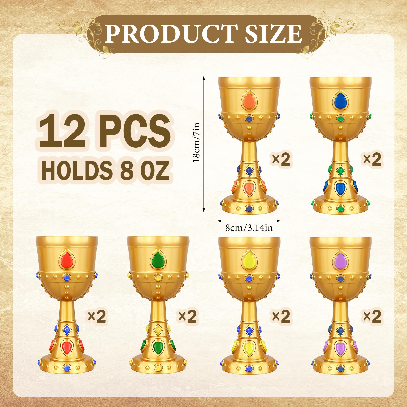 12er Set Mittelalter-Kelche, 240 ml, goldfarben mit Schmucksteinen | Dekorative Trinkbecher für Wein, Whisky und Likör – passend für Hochzeiten, Mottopartys, Bankette, Bar und Tischdeko