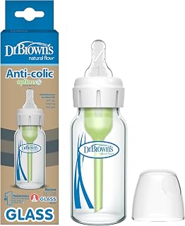 Dr. Brown's Options+ Anti-Colic Narrow Glass Baby Bottle, 4oz Level 1 Slow Flow Nipple, BPA-Free