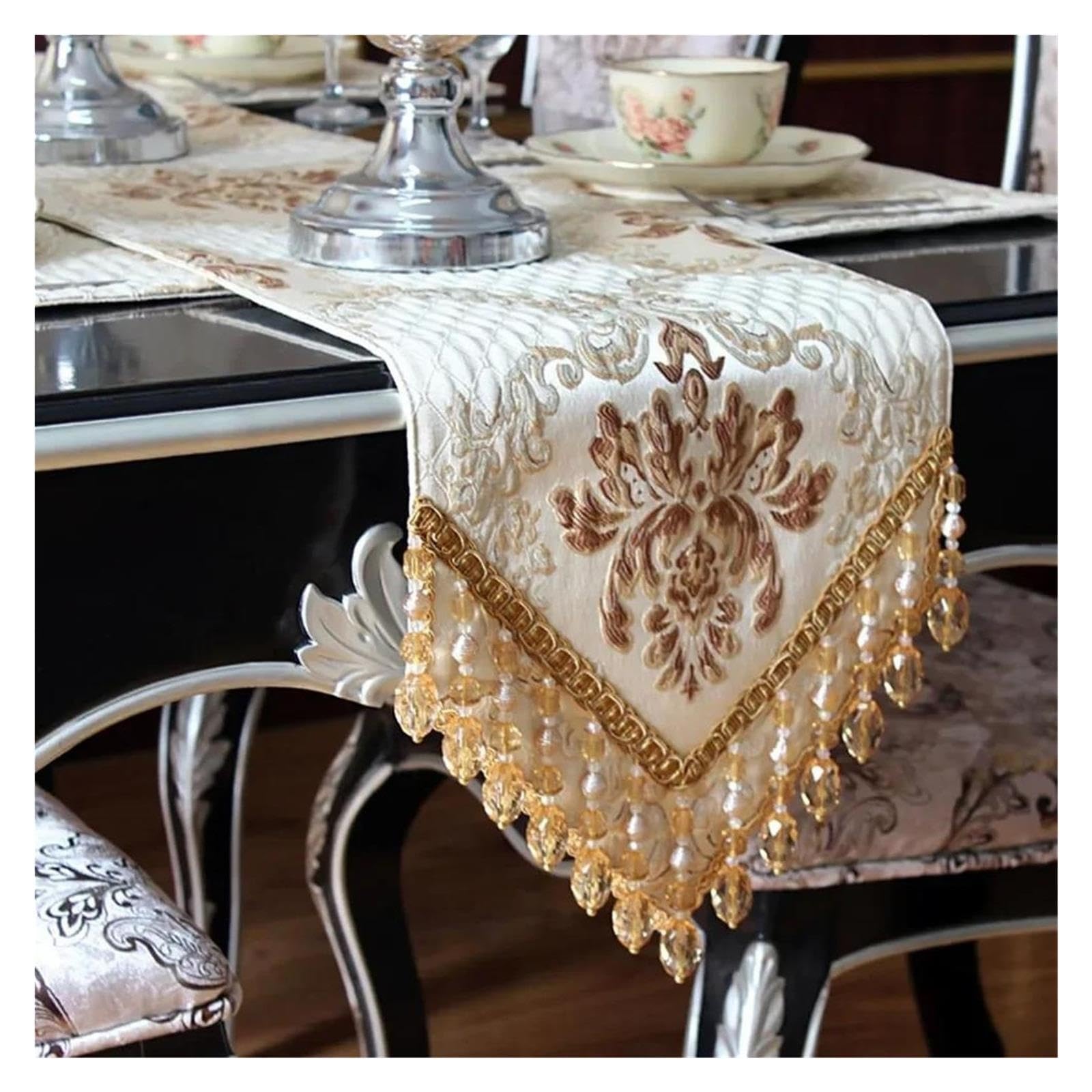 Tischläufer mit Quasten Beiger Jacquard-Tischläufer