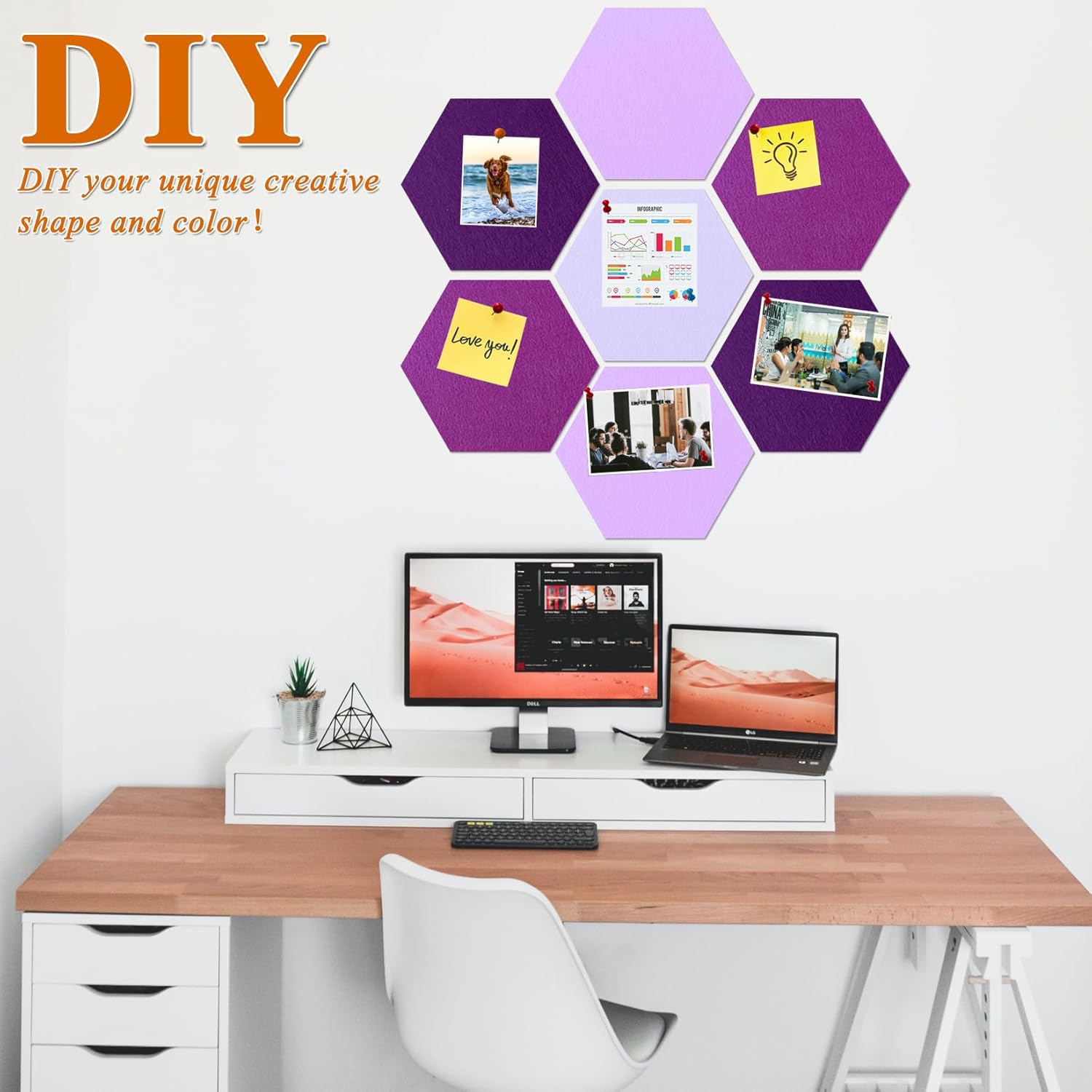 Large Hexagon Felt Cork Board Tiles, Self Adhesive DIY Felt Bulletin Board Pin Board with 35 Pushpins for Office School Home Wall Decor Stickers Memos Photos Display(Gradual Purple)