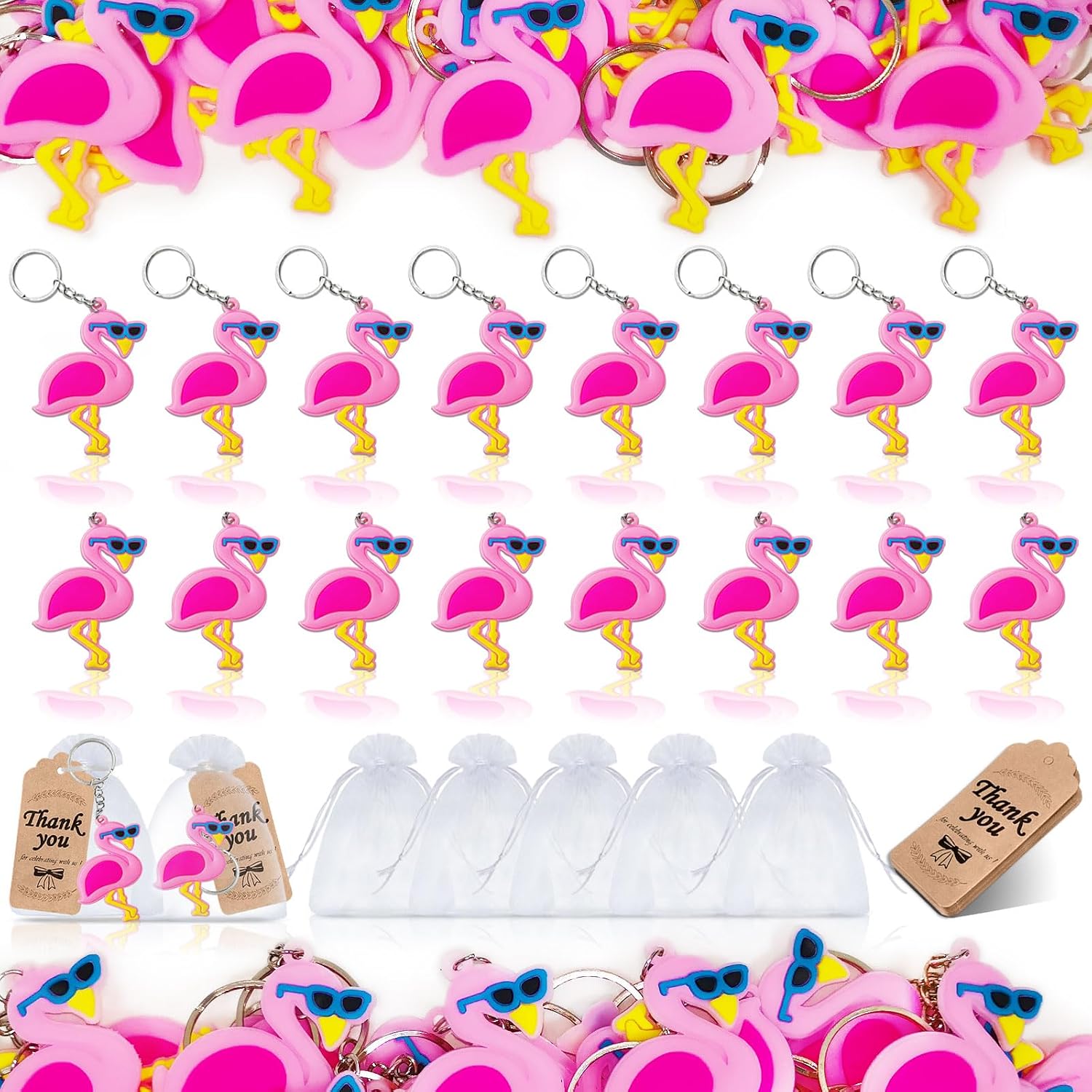60 Pack Flamingo Party Favors Include 20 Keyrings, 20 Tags and 20 Bags for Hawaiian Tropical Luau Summer Beach Party, Flamingo Lover, Baby Shower, Never Forget How Flamazing You Are Party