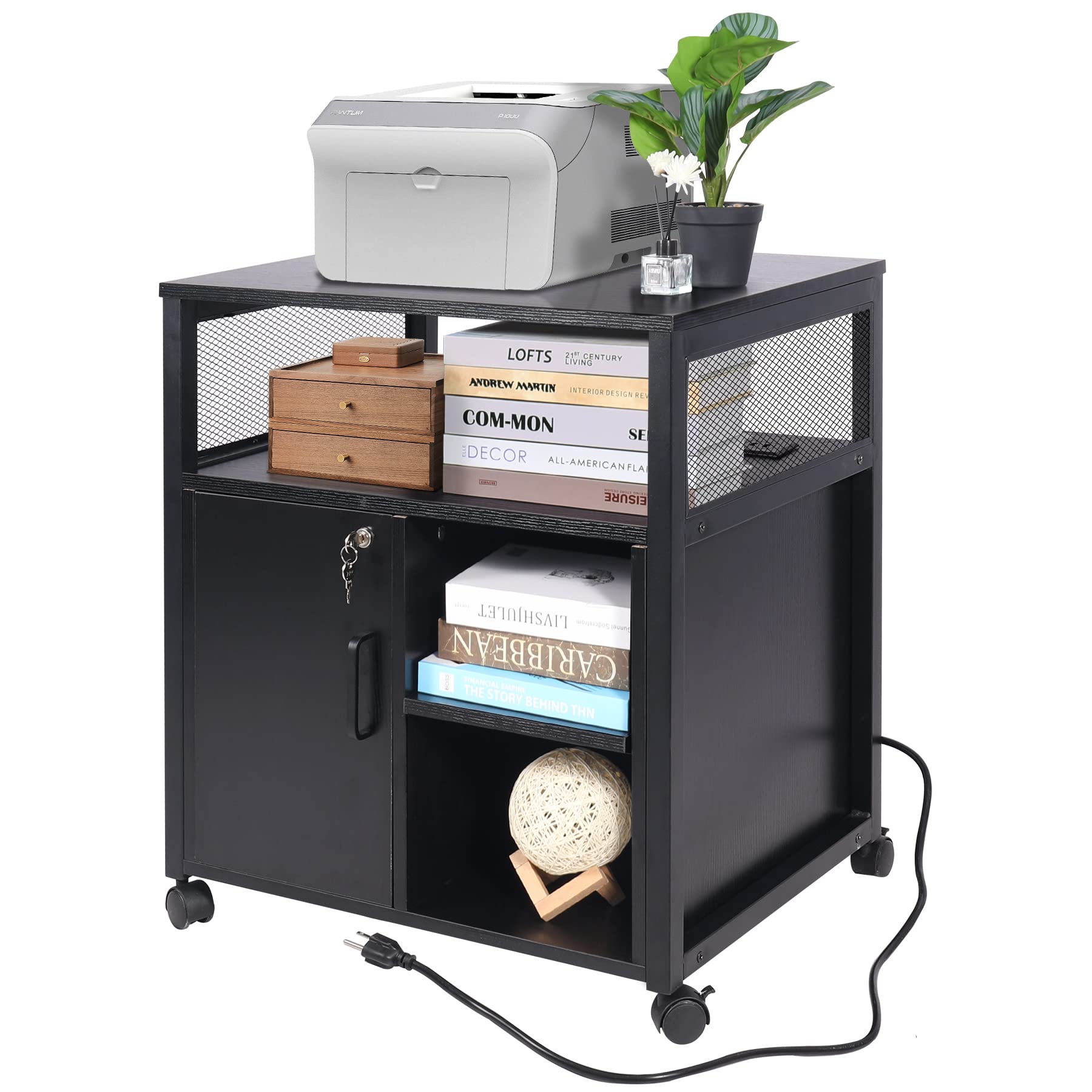 AKVOMBIFile Cabinet with Lock, Mobile Lateral Filing Cabinet with Charging Station, Modern Rolling Printer Stand with Storage for Home Office, USB Charging Port, Black