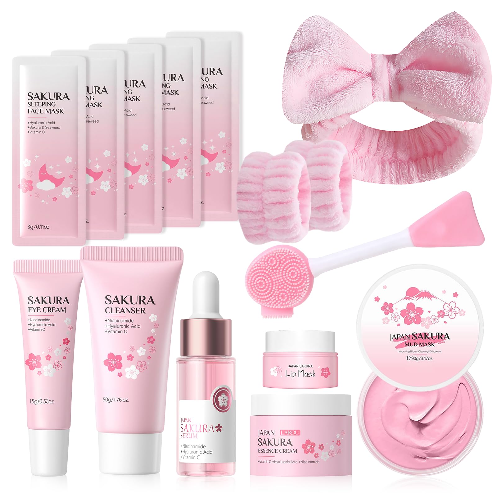Kit per la Cura della Pelle Sakura 14 Pezzi,Include detergente, essenza, crema, maschera di fango,Sakura Skincare Set,Set Skincare Viso Completo per Ragazze e Donne