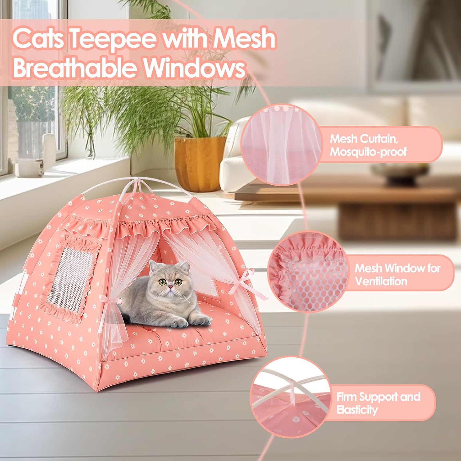 Cat Tent, Pink Cat Tents for Indoor Cats, Foldable Cats Teepee with Lace Mesh Breathable Windows, Portable Pet Tent for Small Pussy Dogs up to 5.5lbs(13.8 X 13.8in) (Pink, S)