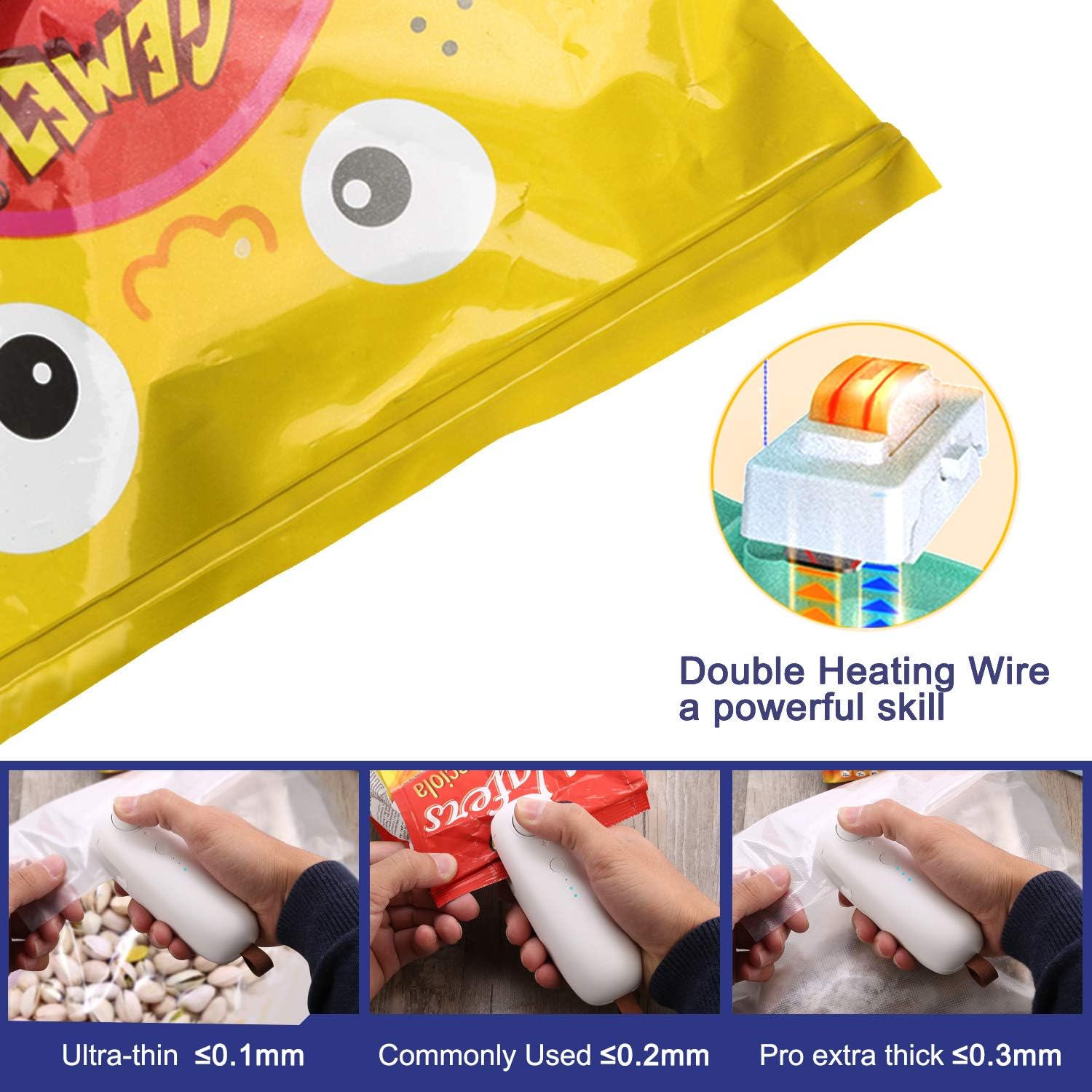 ColorGo Rechargeable Potato Chip Bag Sealer, USB Hand Held Mini Plastic Bag Heat Resealer for Food Storage [Patent Protect]
