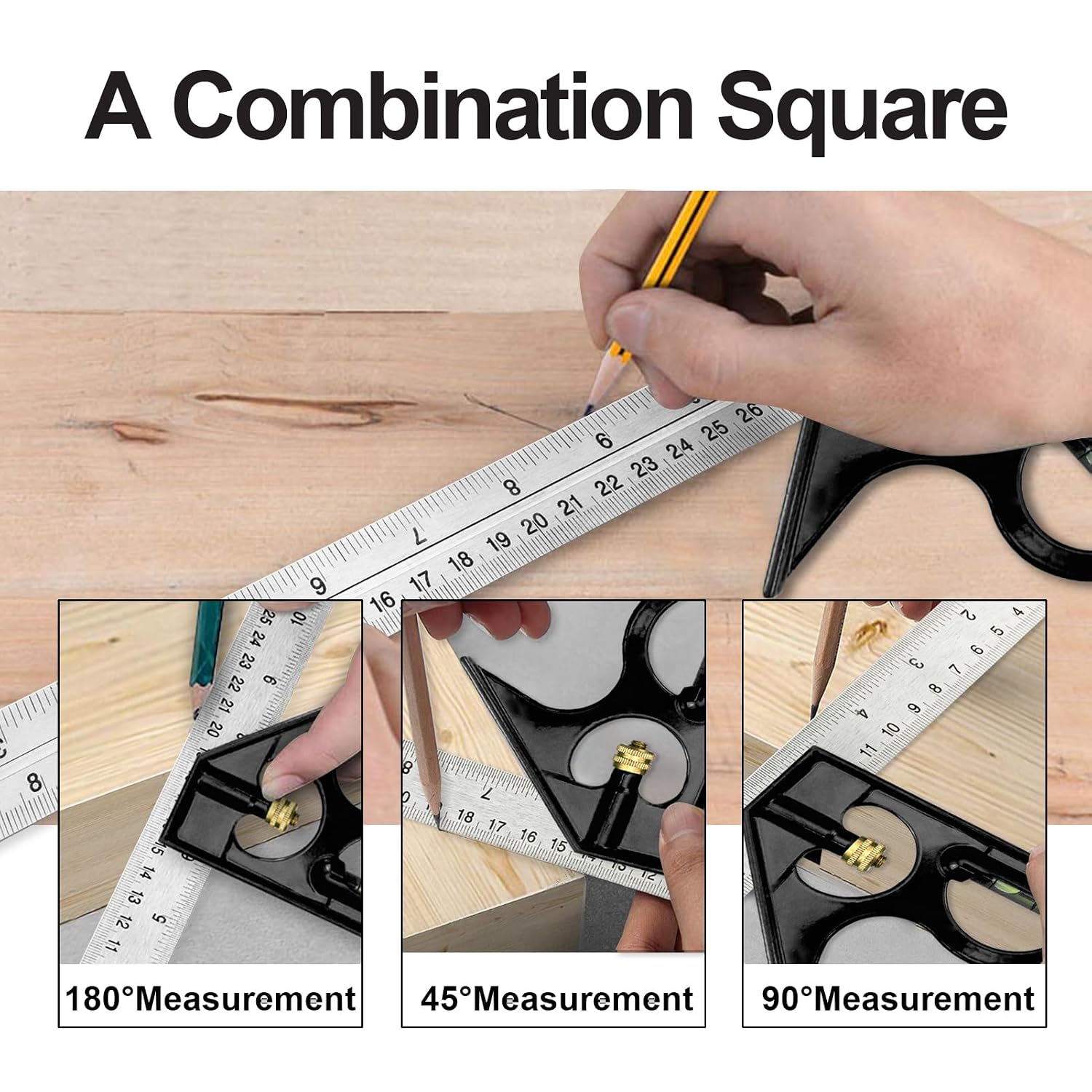 Combination Square Carpentry Tools with Metal-Body, Stainless Steel Blade Ruler, Accurate Woodworking Measure Square with Carpenter