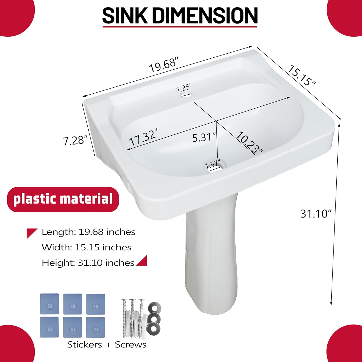 Plastic Pedestal Sink small Bathroom Pedistal Sinks Set 19.6"x15.3"x31.5"H No-Drill Installation Self-Adhesive Wash basin with Faucet Hole for Lavatory Room Column Wash Basin Rv Sink for Home Garage